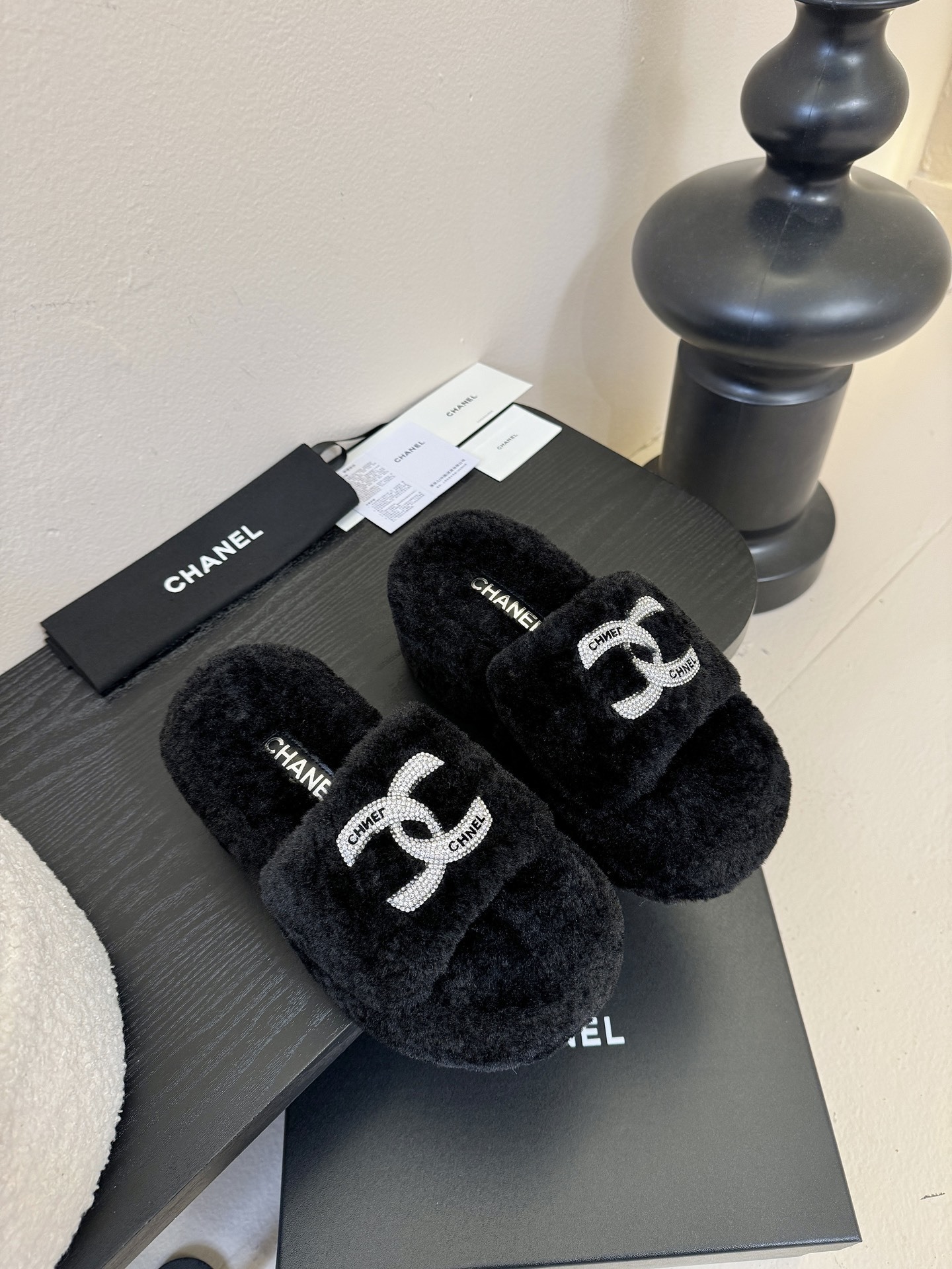 Chanel Black Faux Fur Platform Slides with Crystal CC Logo