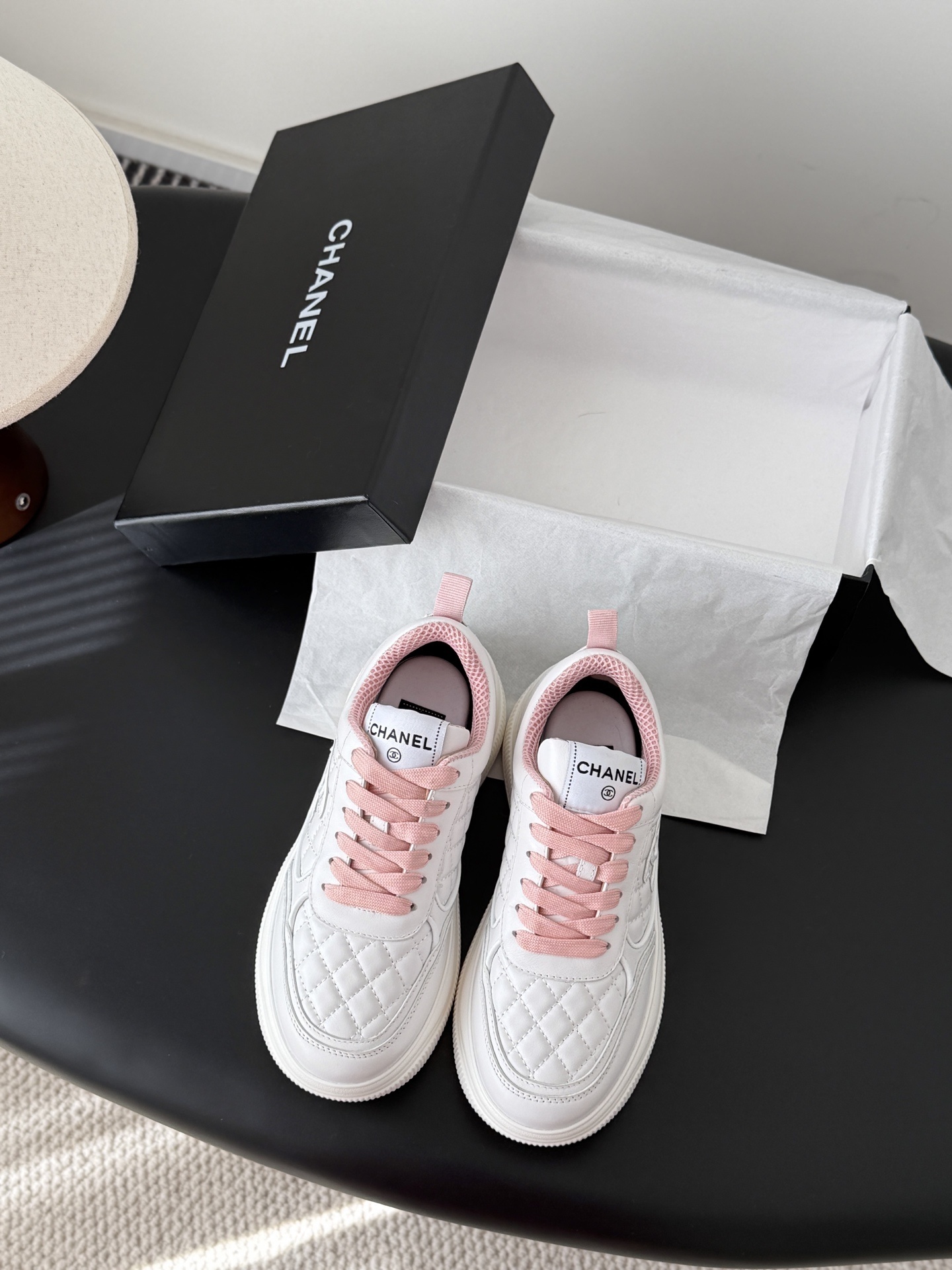 Chanel White and Pink Quilted Leather Women’s Platform Sneakers
