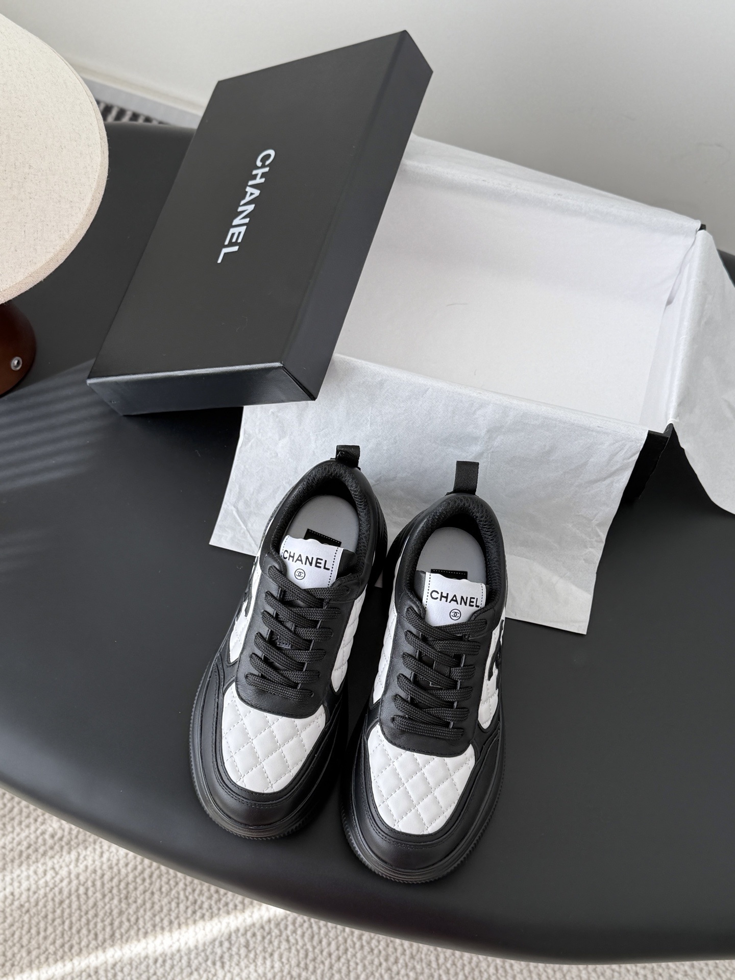 Chanel Luxury Quilted Leather Sneakers – Black & White Chunky Sole