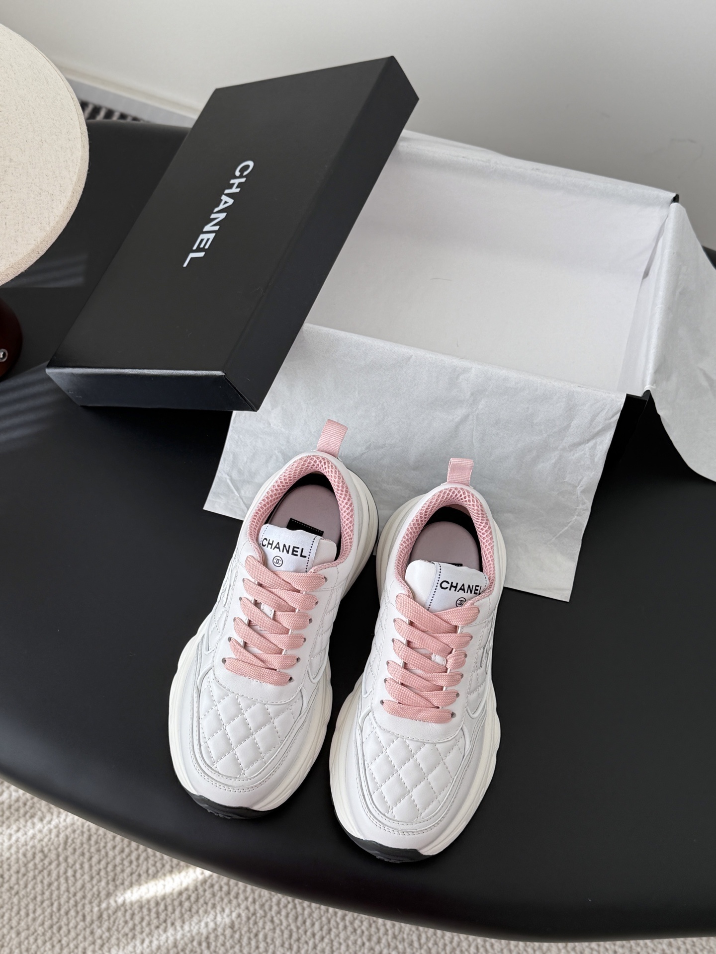 Chanel Women’s White & Pink Quilted Leather Luxury Sneakers