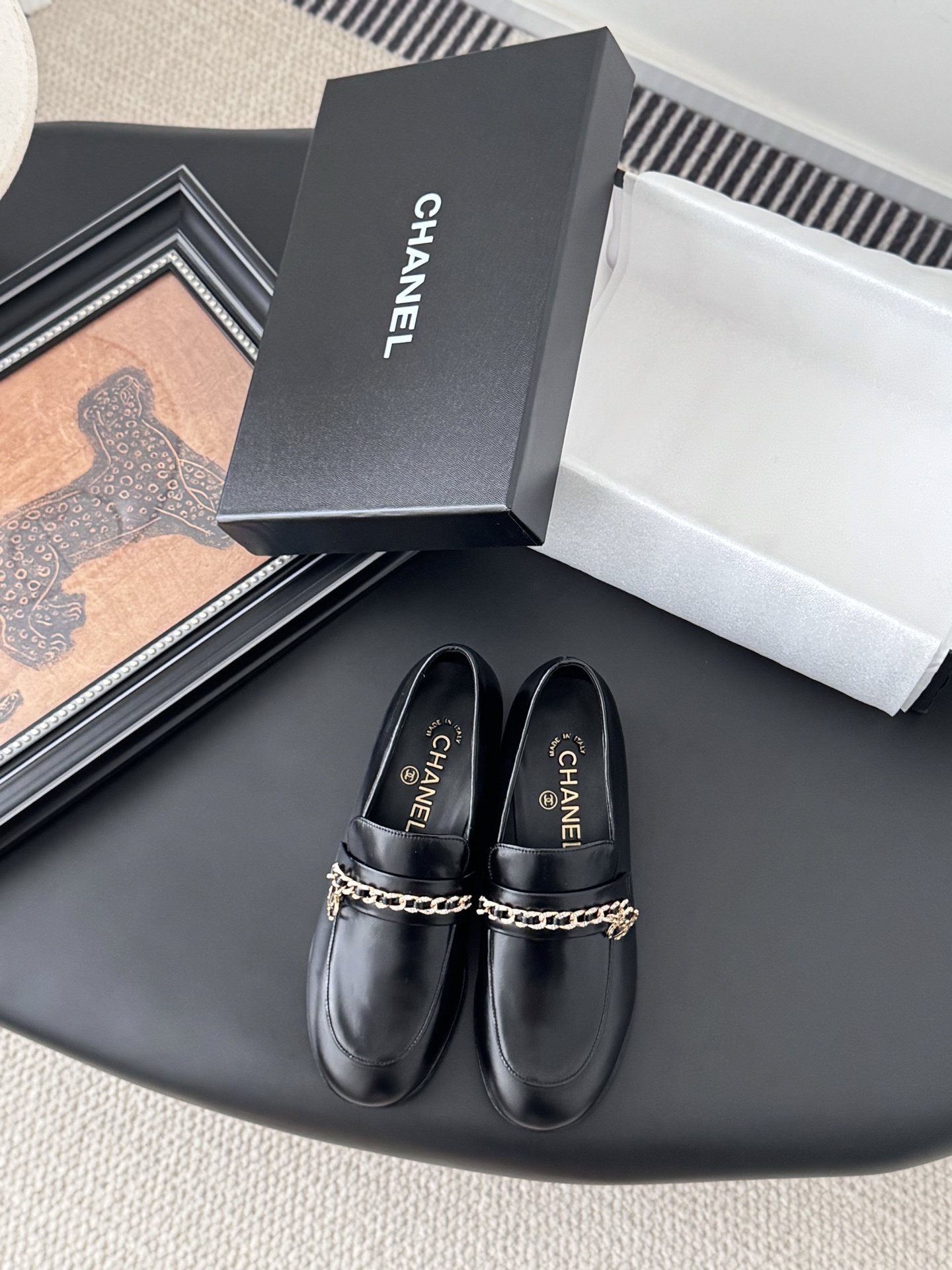 Chanel Black Leather Loafers with Gold Chain CC Logo Detail