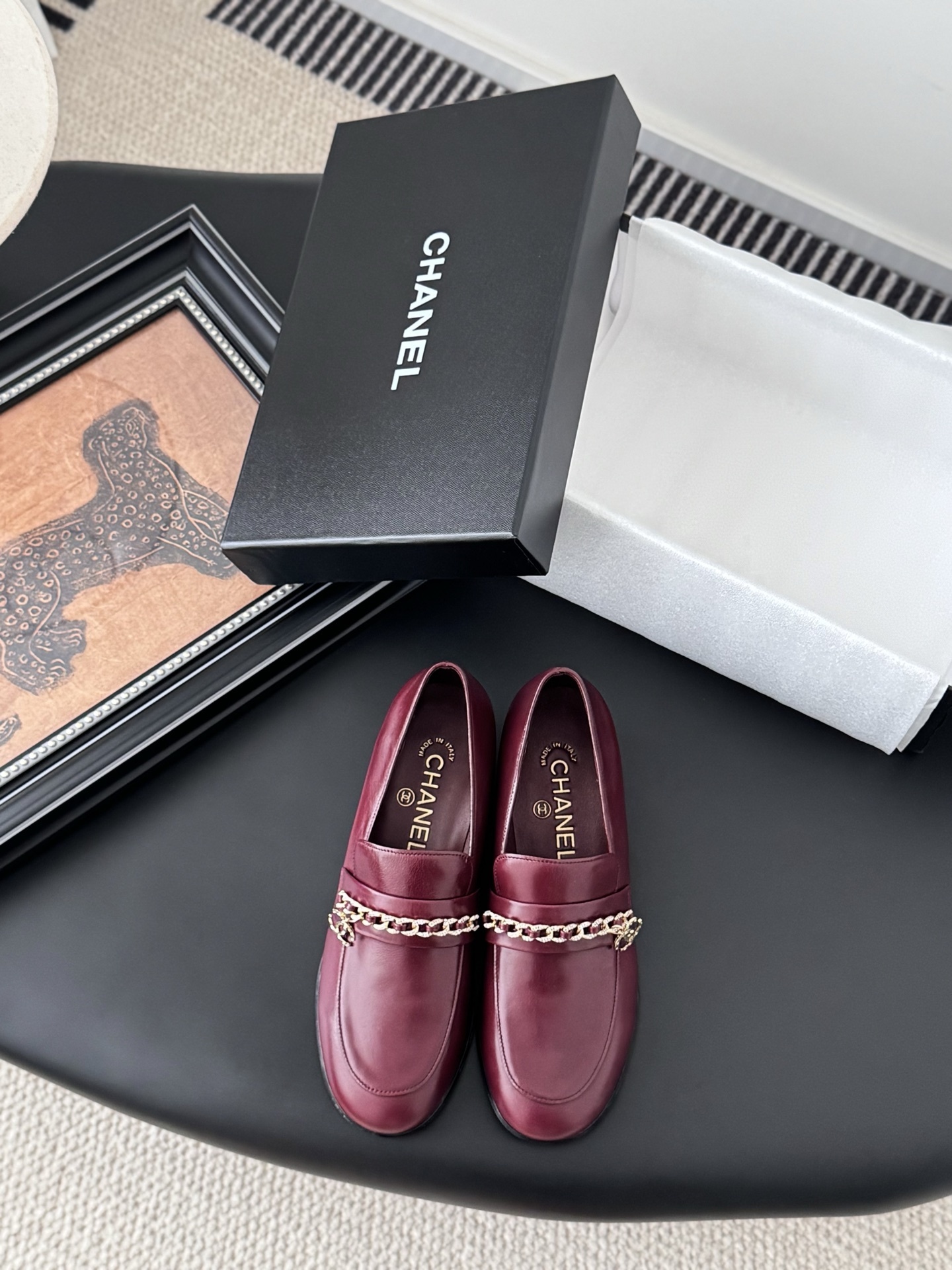Chanel Luxury Burgundy Leather Loafers with Gold Chain Detail