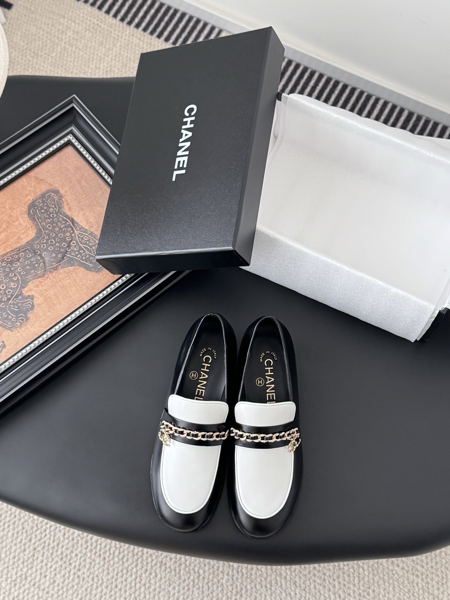 Chanel Two-Tone Leather Loafers with Gold Chain Detail