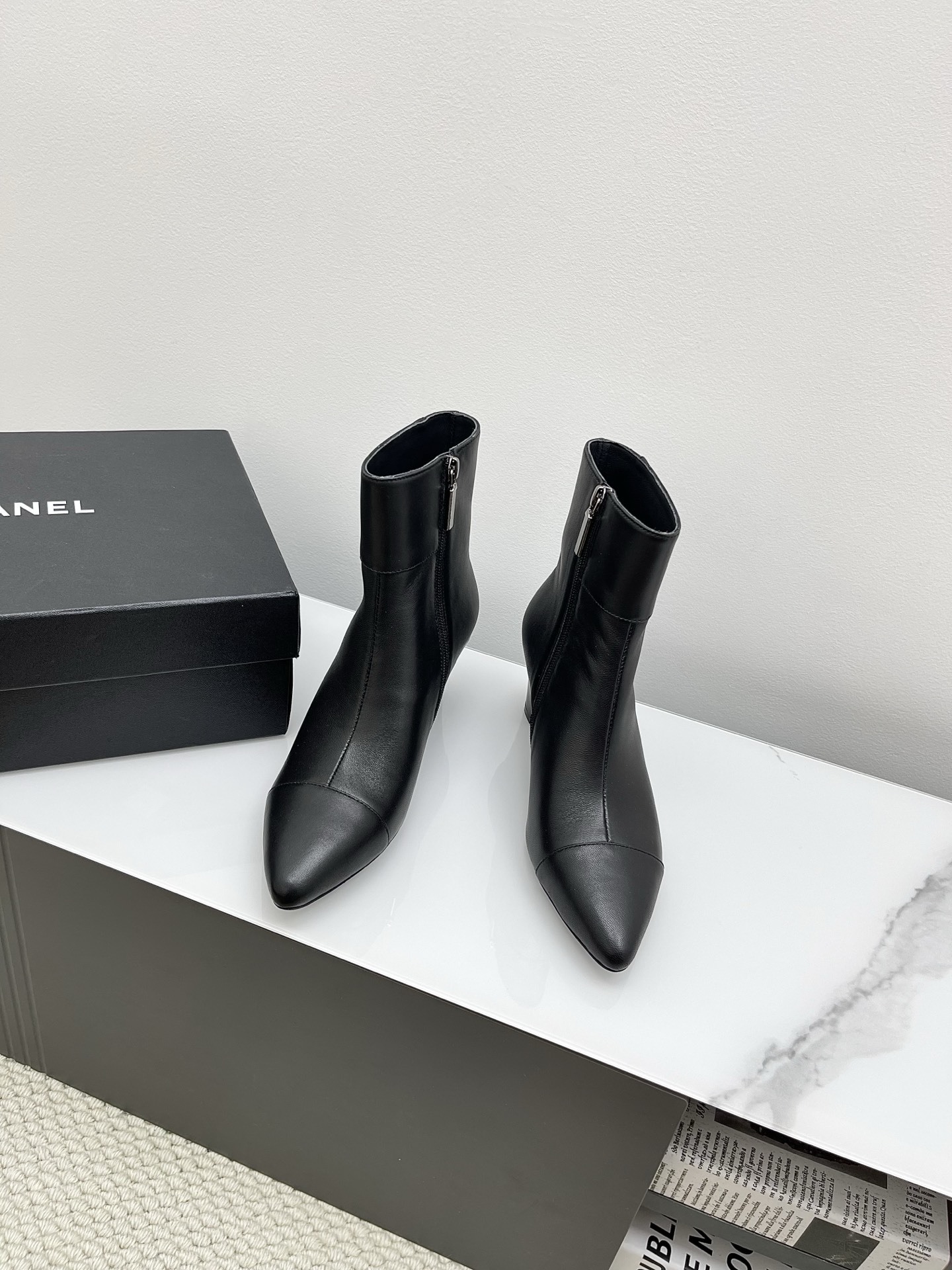 Chanel Black Leather Pointed Toe Ankle Boots with Block Heel