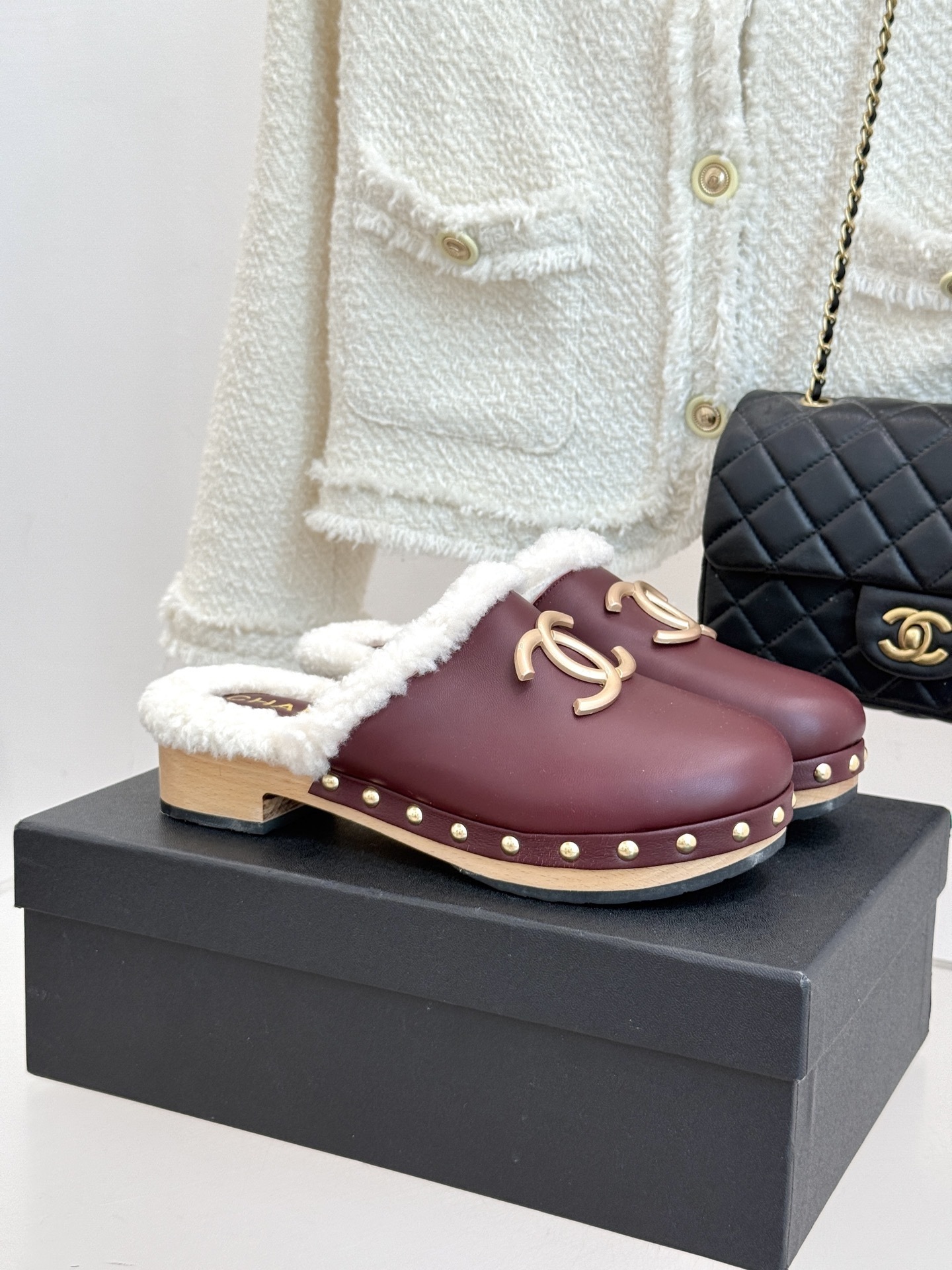 Chanel Burgundy Leather & Shearling Clogs with Gold CC Logo