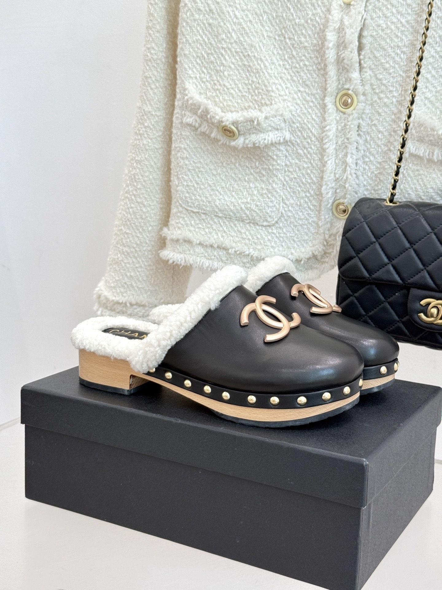 Chanel Black Leather Shearling-Lined Clogs with Gold CC Logo