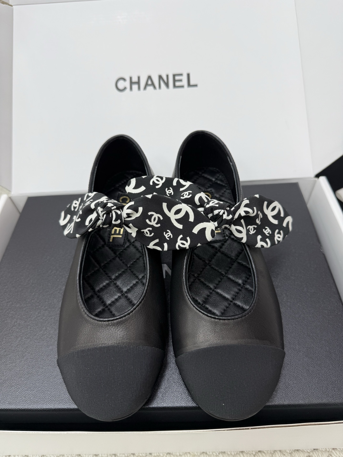 Chanel Black Leather Ballet Flats with CC Logo Ribbon Bow