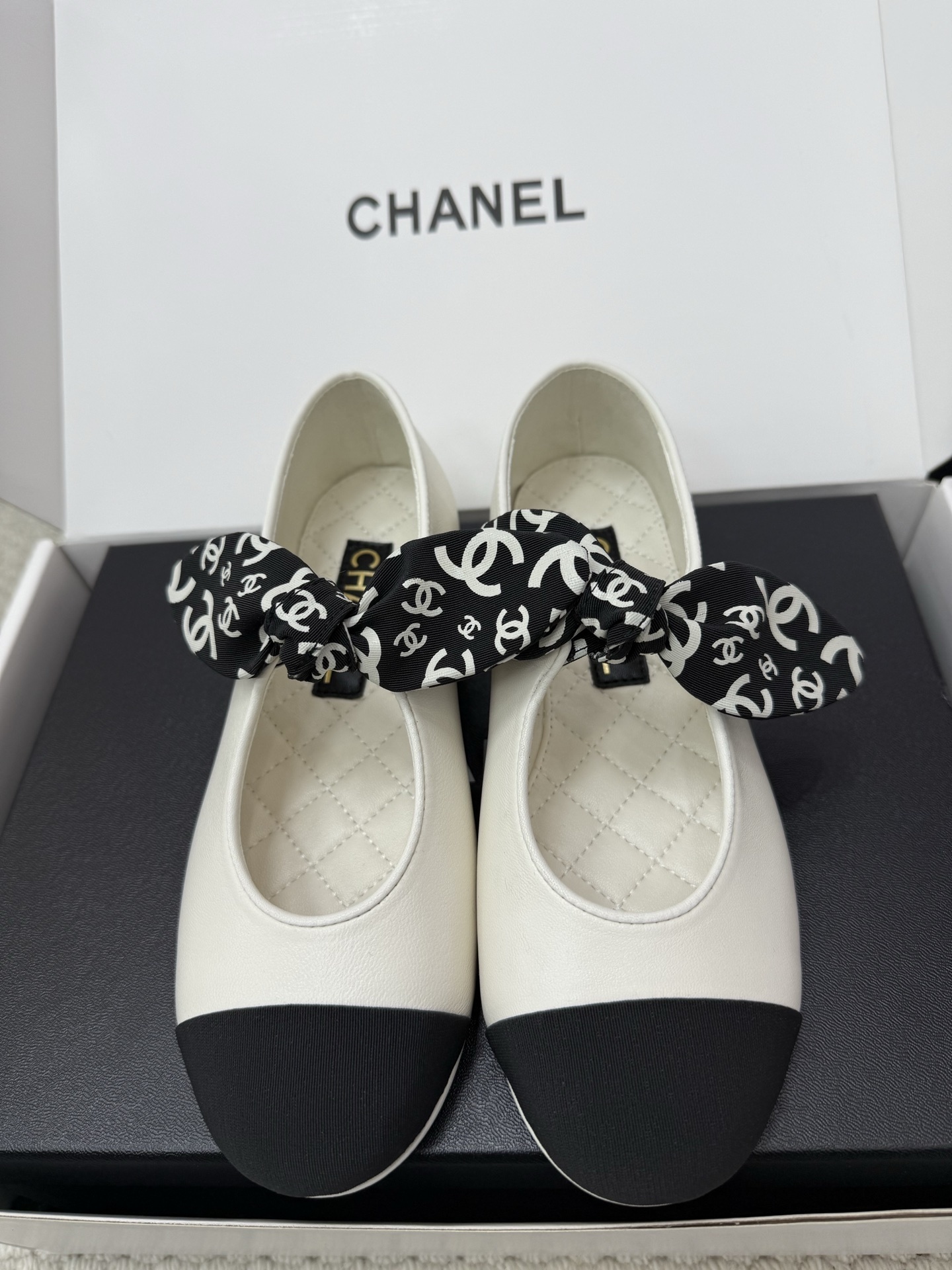 Chanel Two-Tone Mary Jane Flats with CC Logo Ribbon Bow