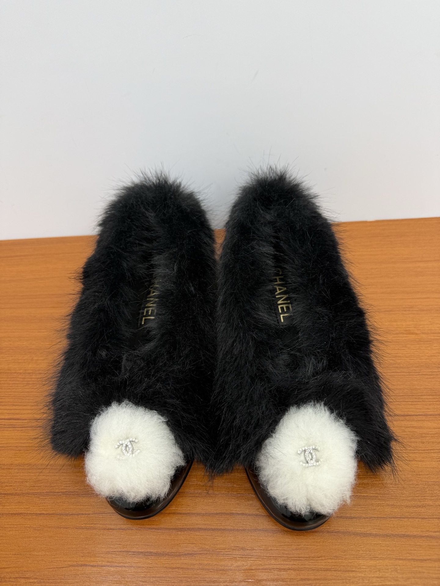 Luxury Black Fur Ballet Flats with Crystal Logo Pom-Pom