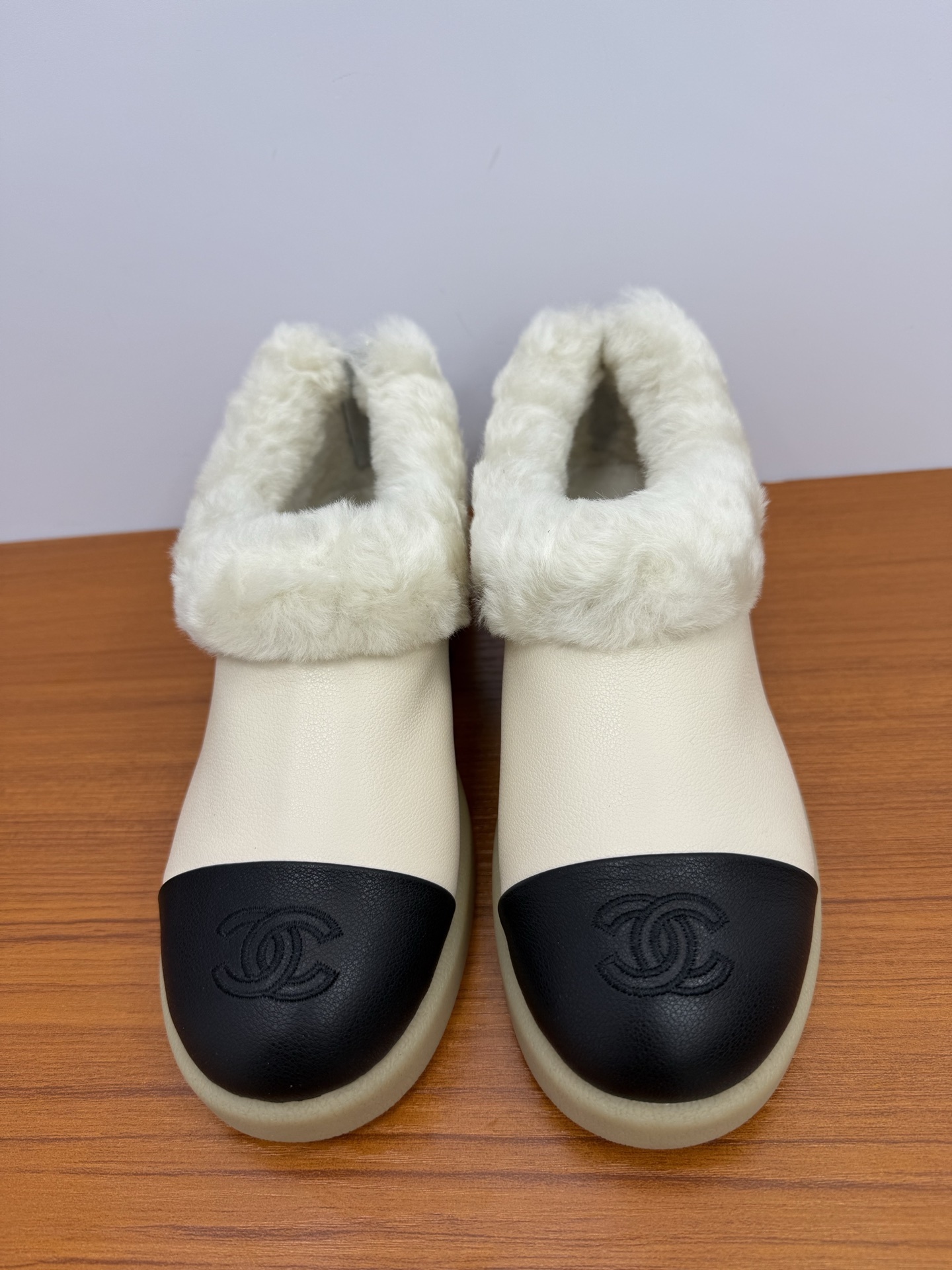 Luxury Two-Tone Shearling Leather Mules with Interlocking CC Logo