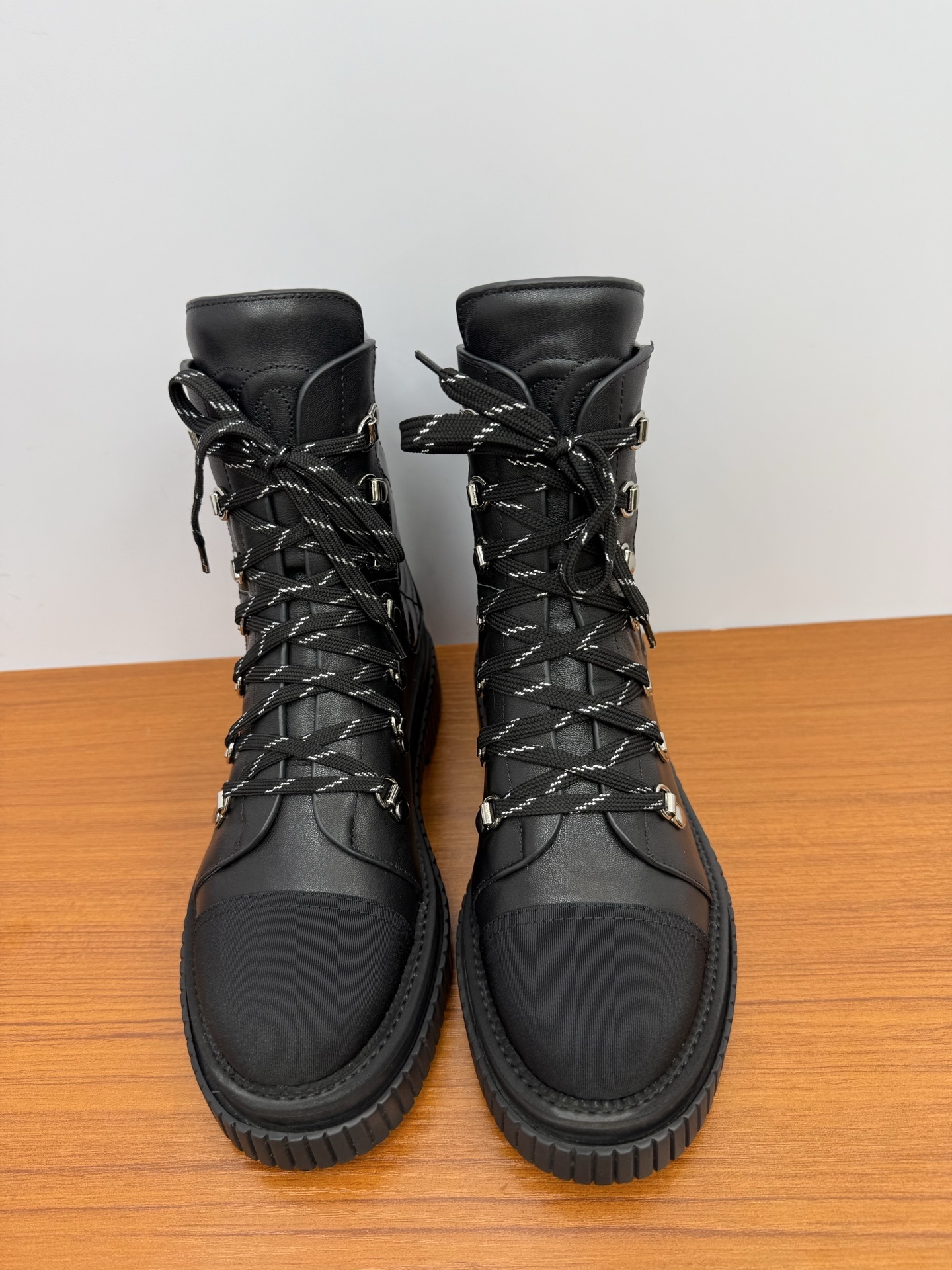 Women’s Black Quilted Leather Combat Boots with Platform Sole