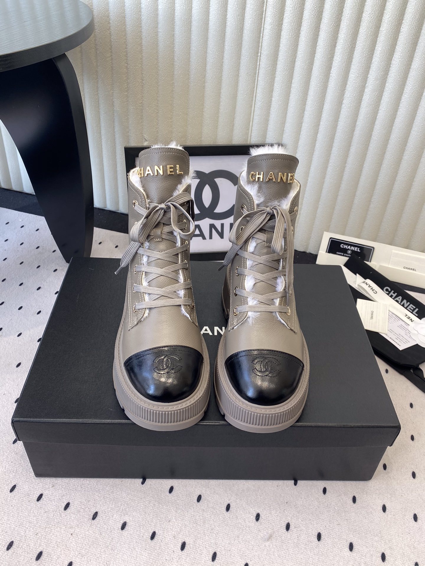 Chanel Shearling-Lined Leather Lace-up Platform Ankle Boots