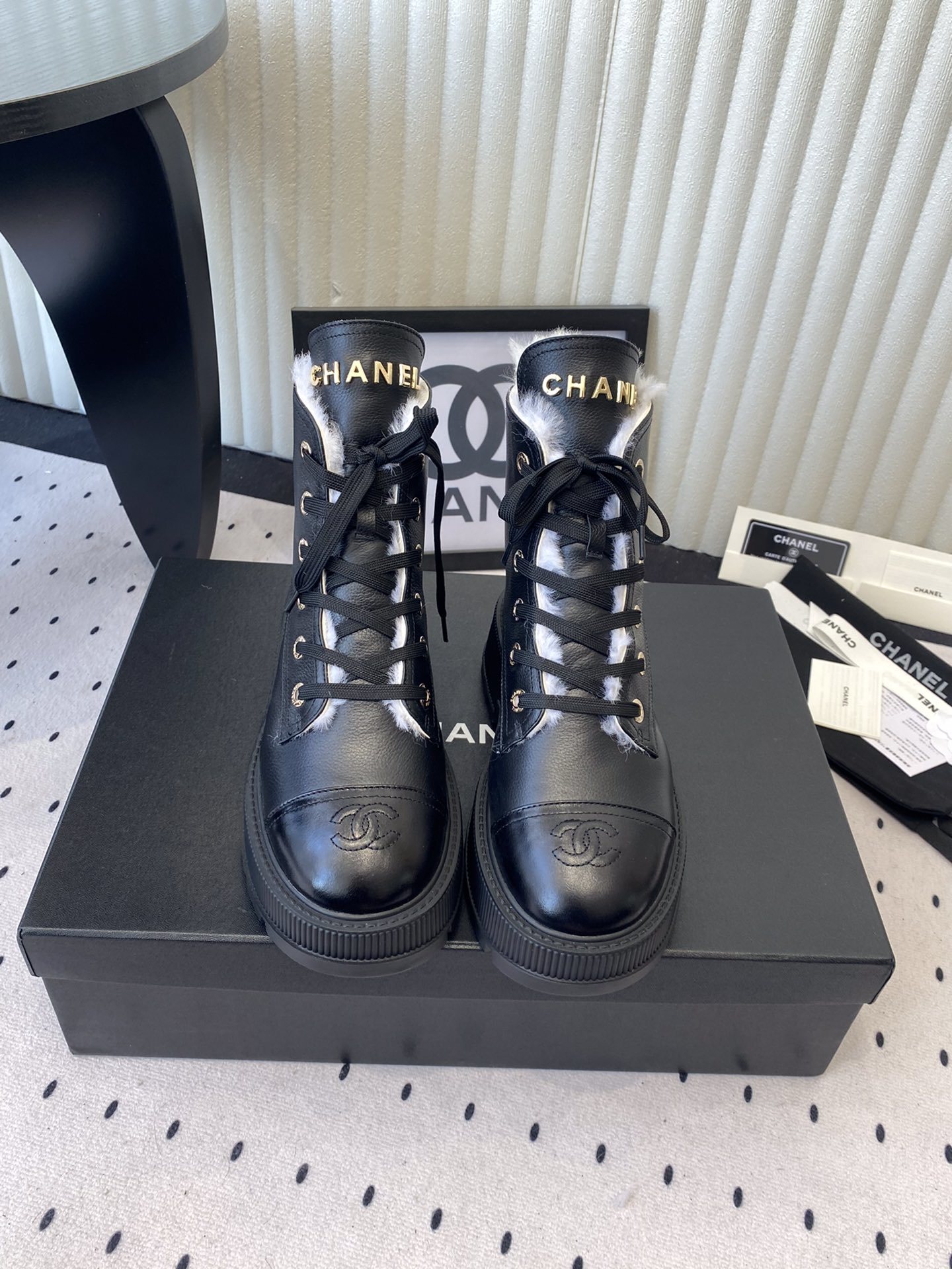 Chanel Black Leather Shearling Lined Combat Boots – Luxury Ankle Boots
