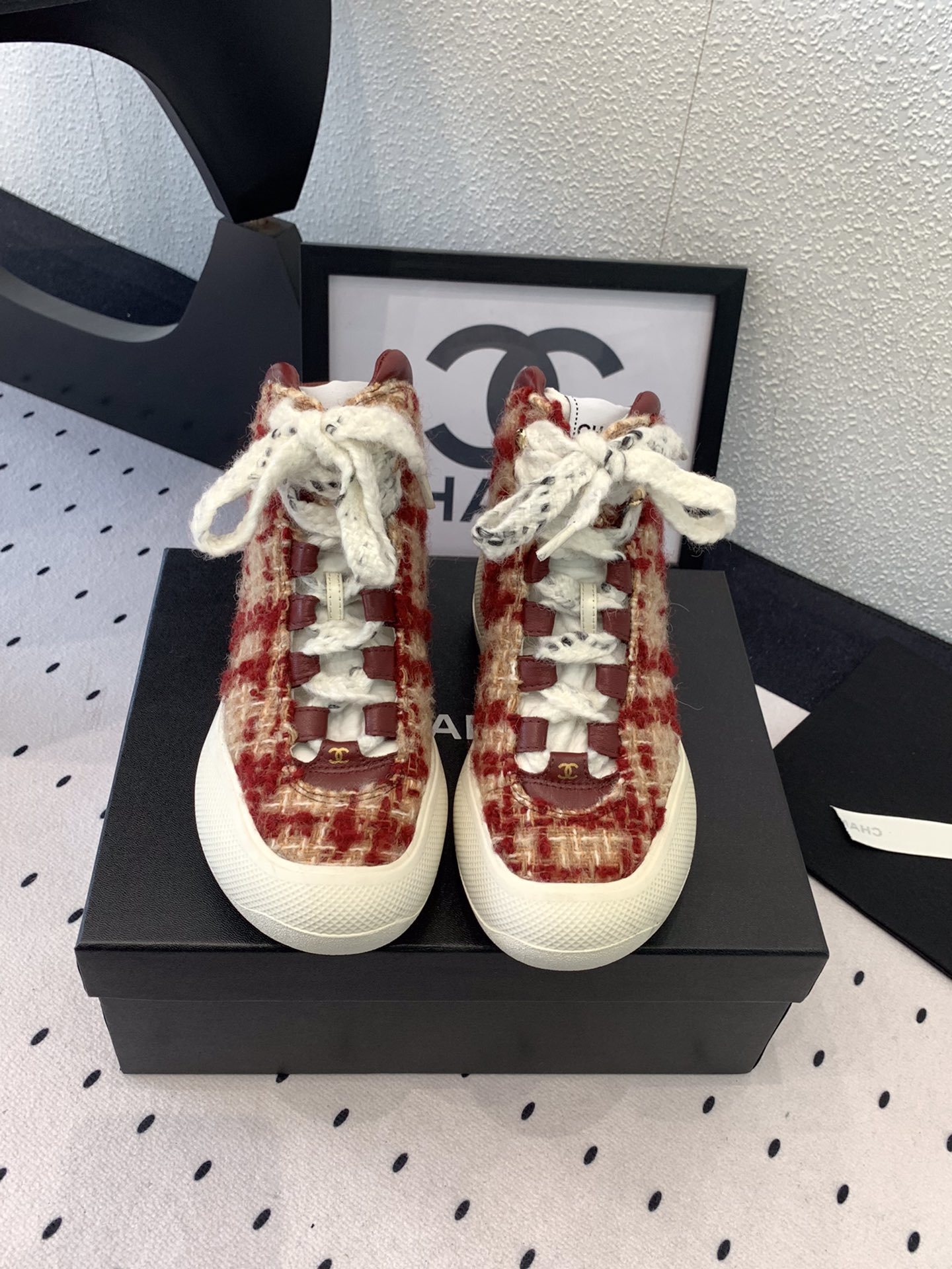 Chanel Red Tweed High-Top Sneakers – Luxury Chunky Platform Shoes
