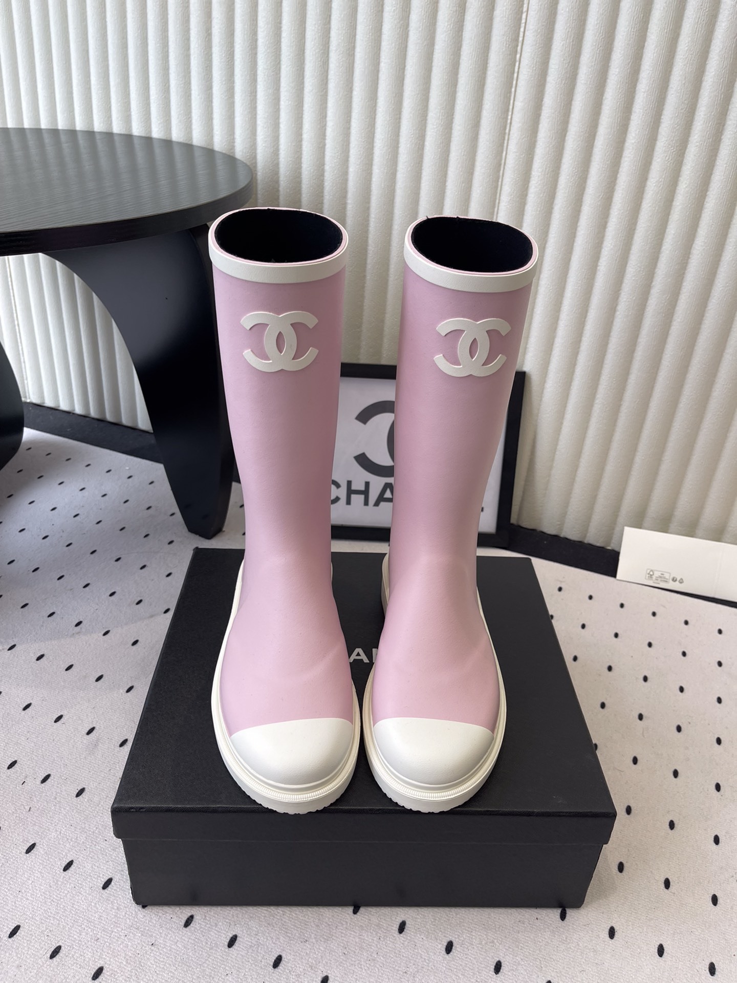 Chanel Pink Rubber Rain Boots with White CC Logo & Platform Sole