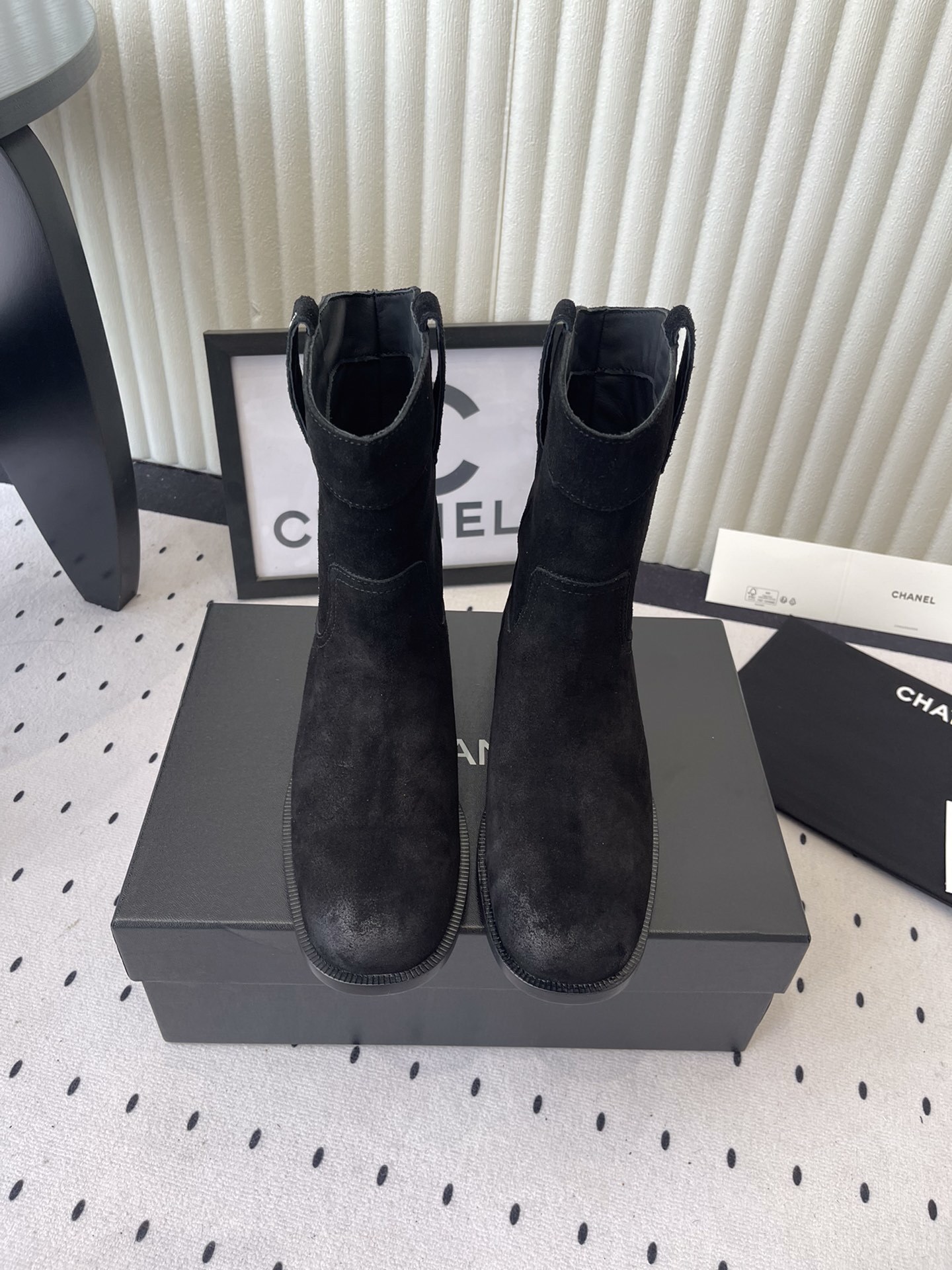 Chanel Black Suede Mid-Calf Boots with Signature Logo Pull Tabs