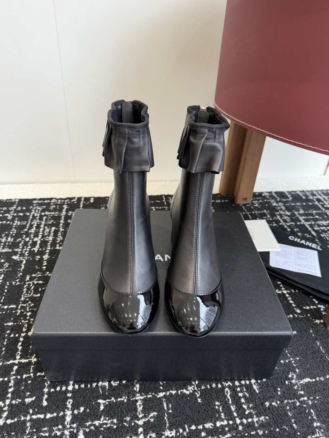 Chanel Ruffle Trim Leather Ankle Boots with Patent Cap Toe