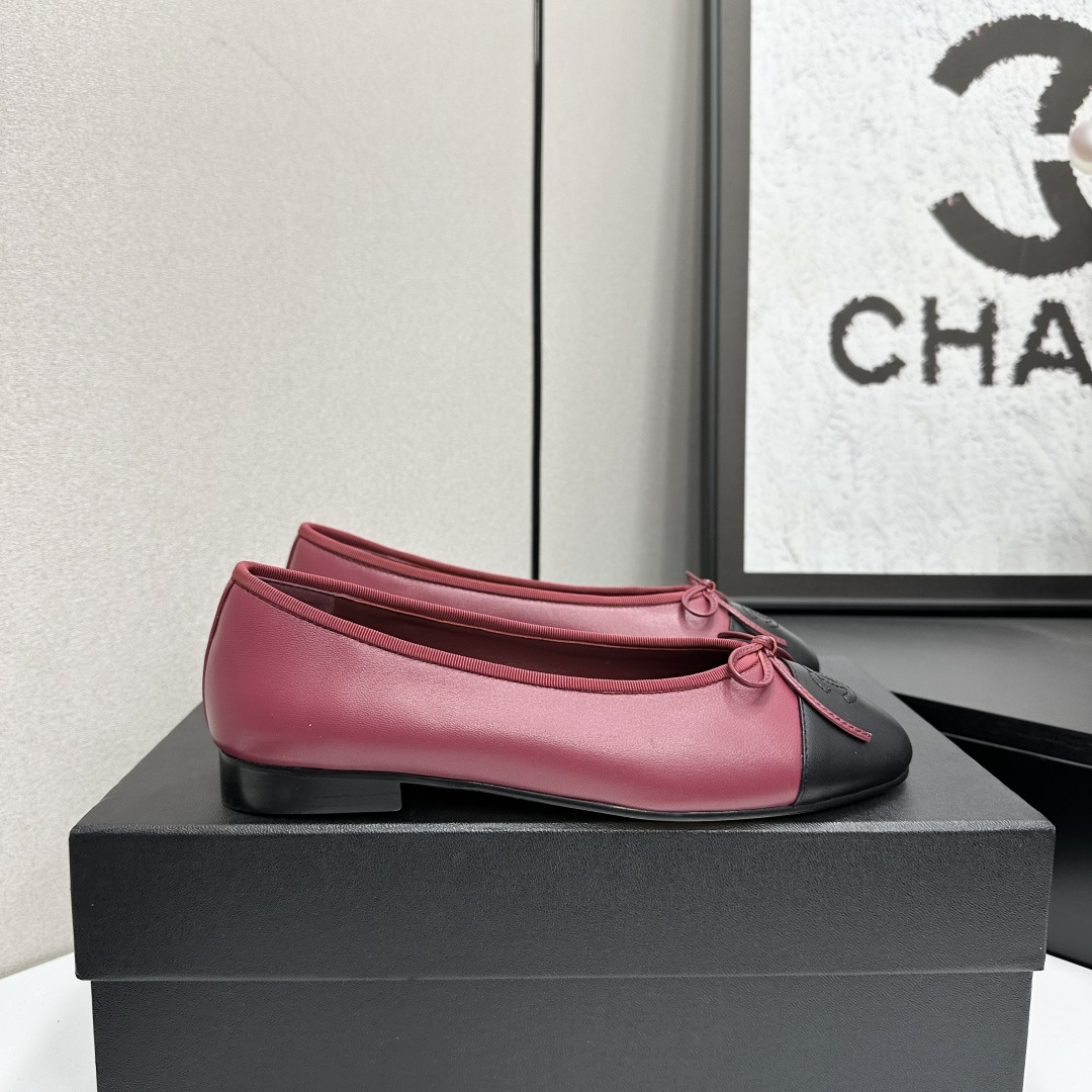 Chanel Luxury Burgundy Leather Ballet Flats with Black Toe Cap