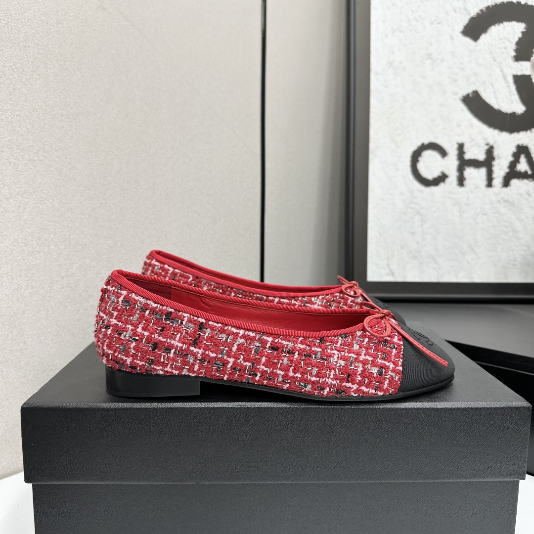 Chanel Red Tweed Ballerina Flats with Black Cap Toe