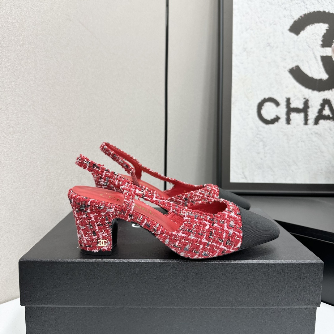 Chanel Red Tweed Slingback Pumps with Black Cap Toe