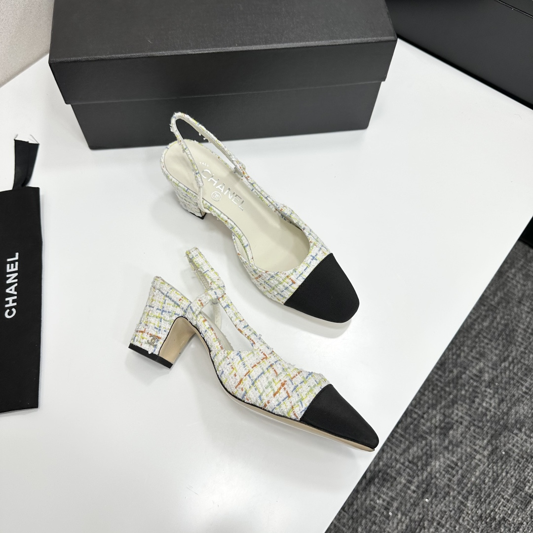 Pair of Chanel multi-color pastel tweed slingback pumps with black cap toe and block heel on a black box. - Hình 11