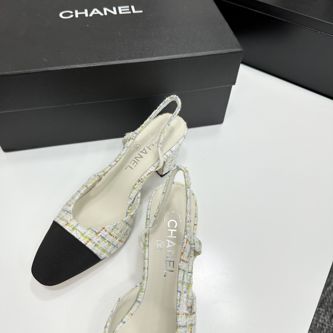 Pair of Chanel multi-color pastel tweed slingback pumps with black cap toe and block heel on a black box. - Hình 9