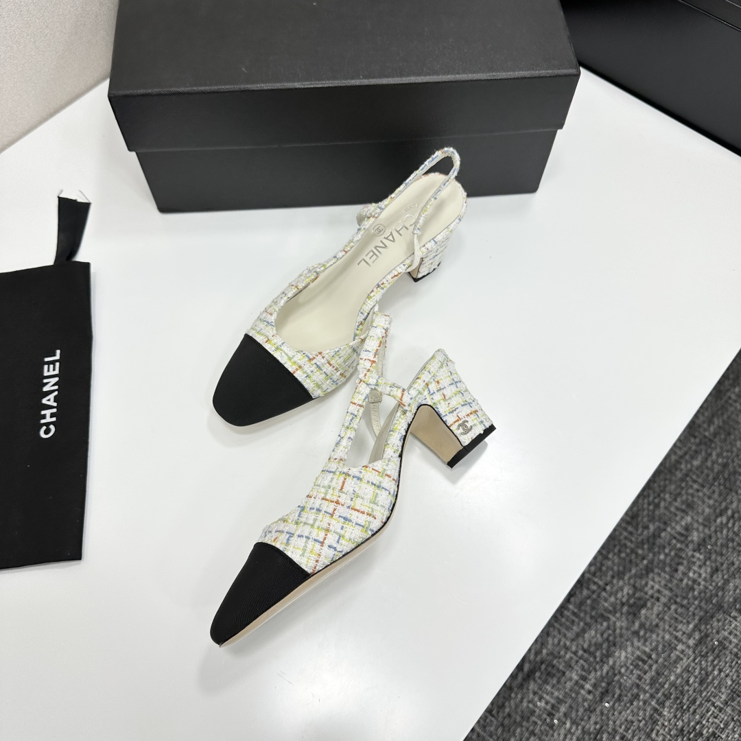 Pair of Chanel multi-color pastel tweed slingback pumps with black cap toe and block heel on a black box. - Hình 8