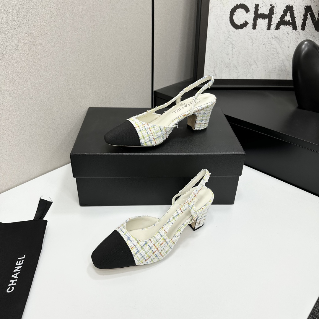 Pair of Chanel multi-color pastel tweed slingback pumps with black cap toe and block heel on a black box. - Hình 4