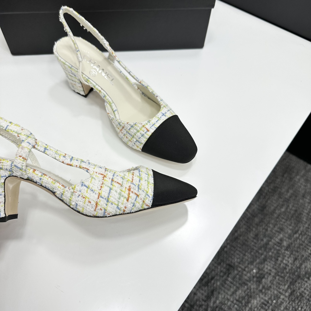 Pair of Chanel multi-color pastel tweed slingback pumps with black cap toe and block heel on a black box. - Hình 3
