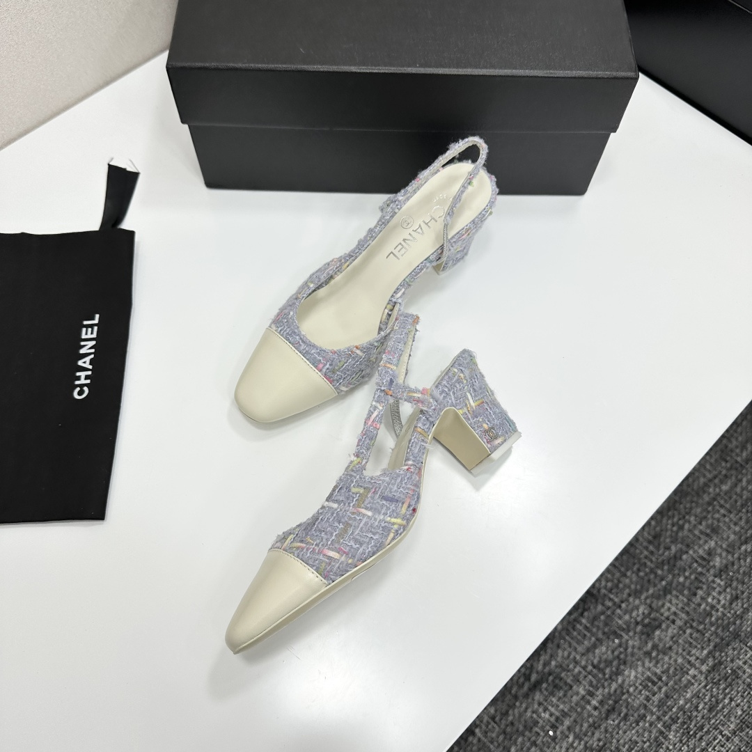 Authentic Chanel pastel purple tweed slingback pumps with cream leather cap toe on a black display box - Hình 7
