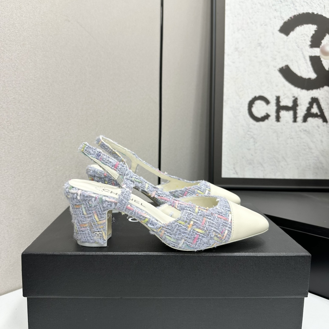 Luxury Tweed Slingback Pumps – Elegant Cap Toe Block Heel Shoes