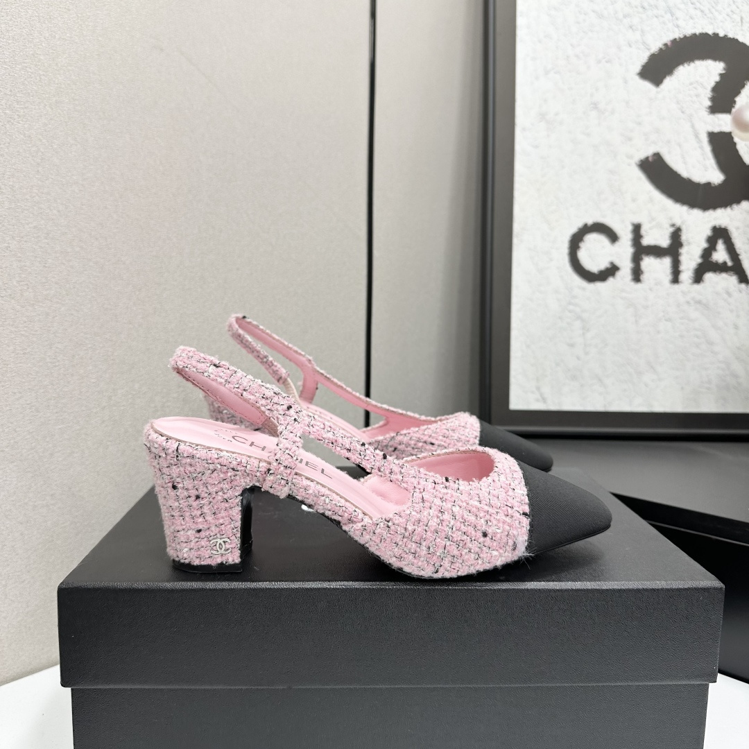 Chanel Pink Tweed Slingback Pumps – Black Cap Toe Block Heel