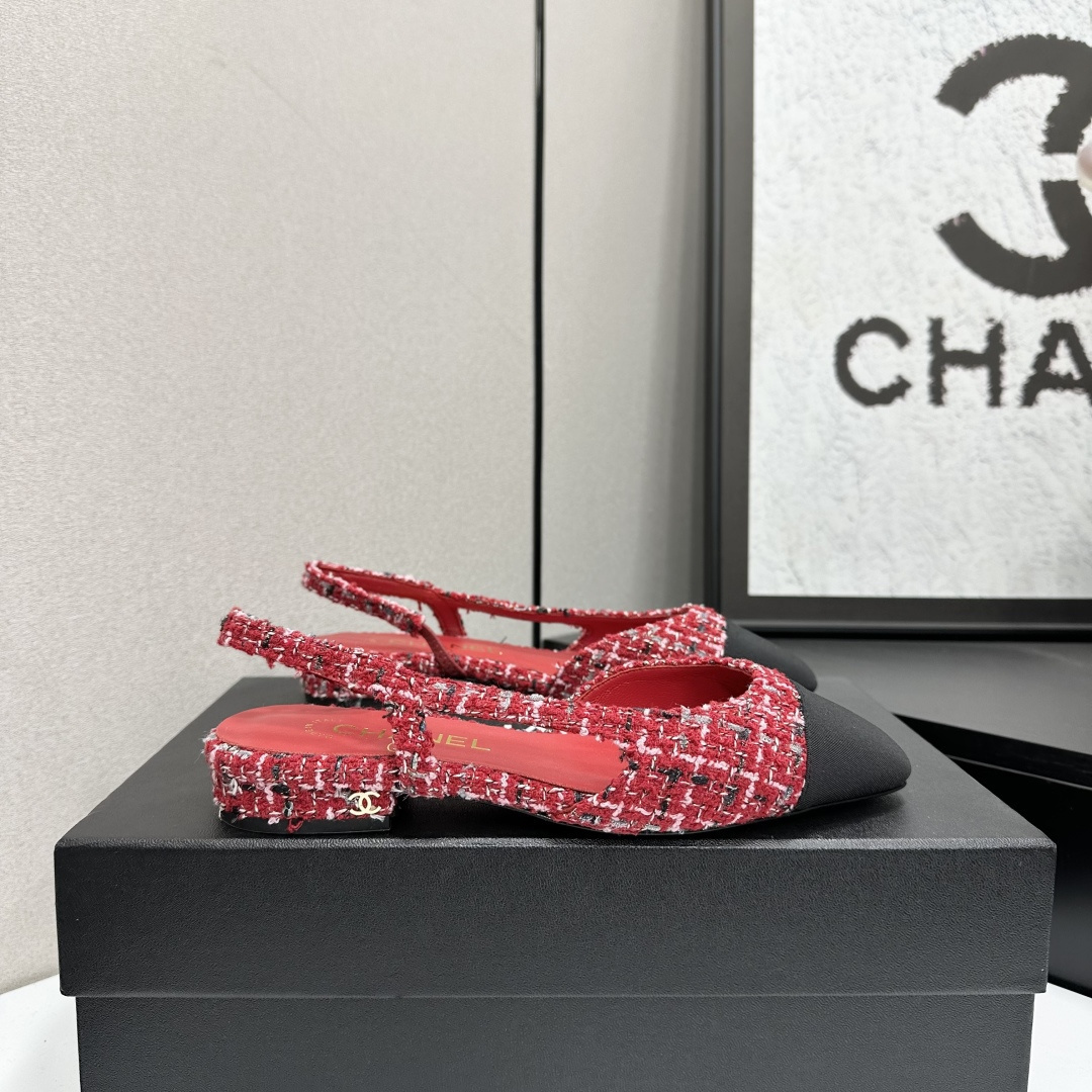 Elegant Red Tweed Slingback Pumps with Black Cap Toe