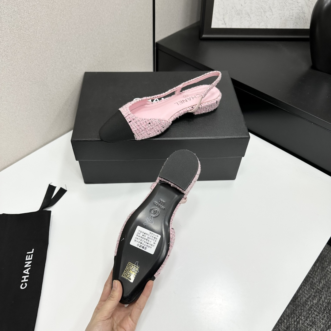 A pair of luxury pink tweed slingback flats with a black pointed toe and a low block heel featuring the Chanel logo. - Hình 6
