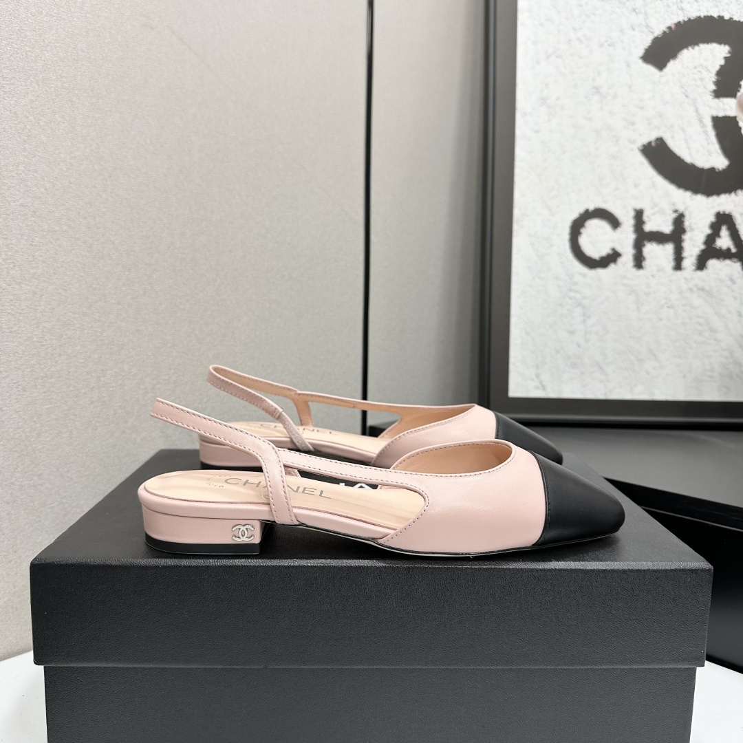 Chanel Two-Tone Pink and Black Leather Slingback Flats