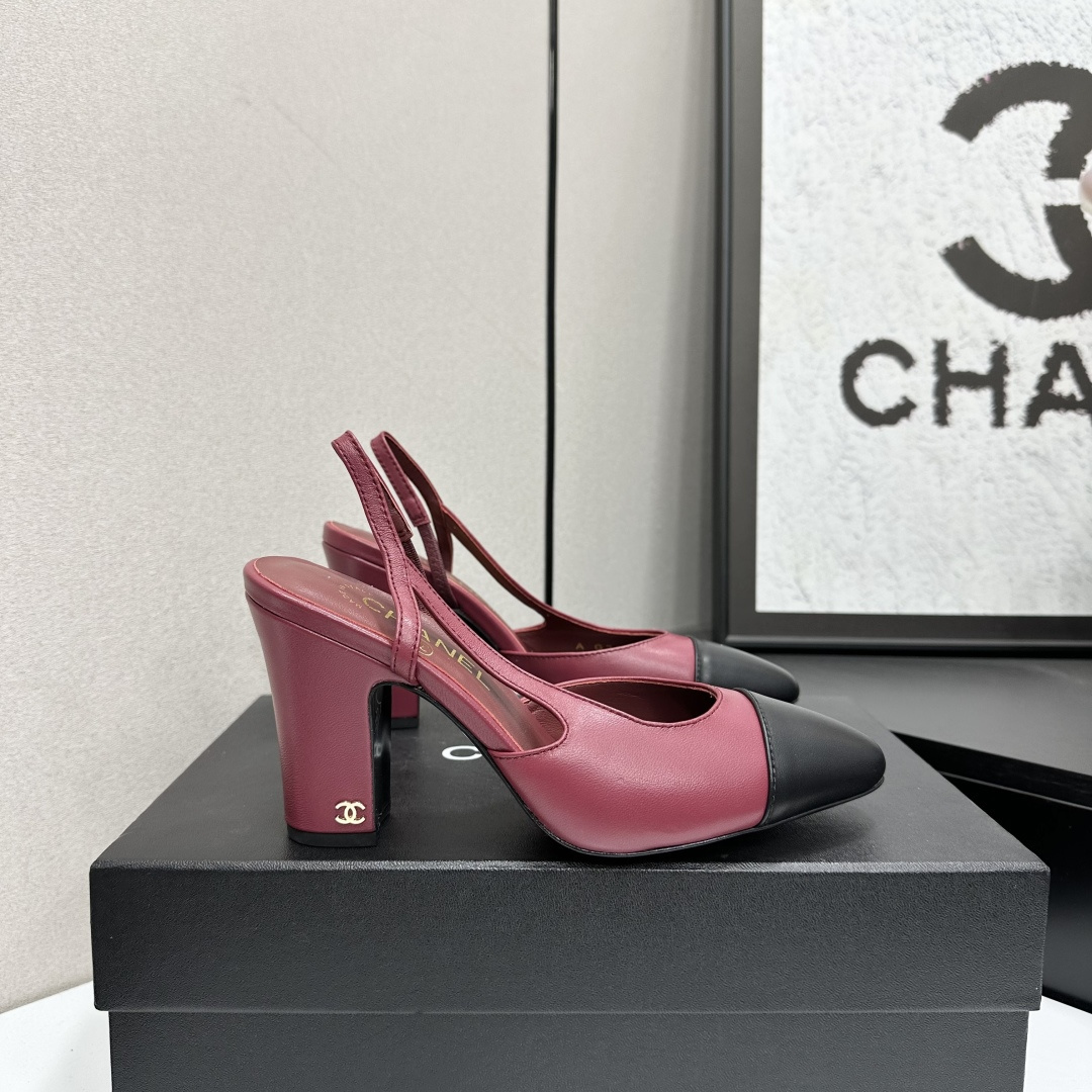 Chanel Burgundy Leather Slingbacks with Black Cap Toe & Block Heel