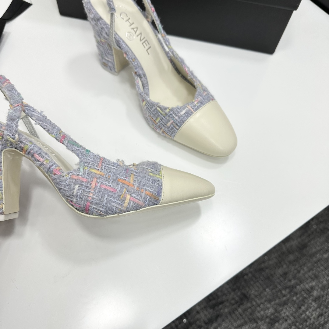 Chanel Multi-color Tweed Slingback Pumps with Cream Leather Toe Cap