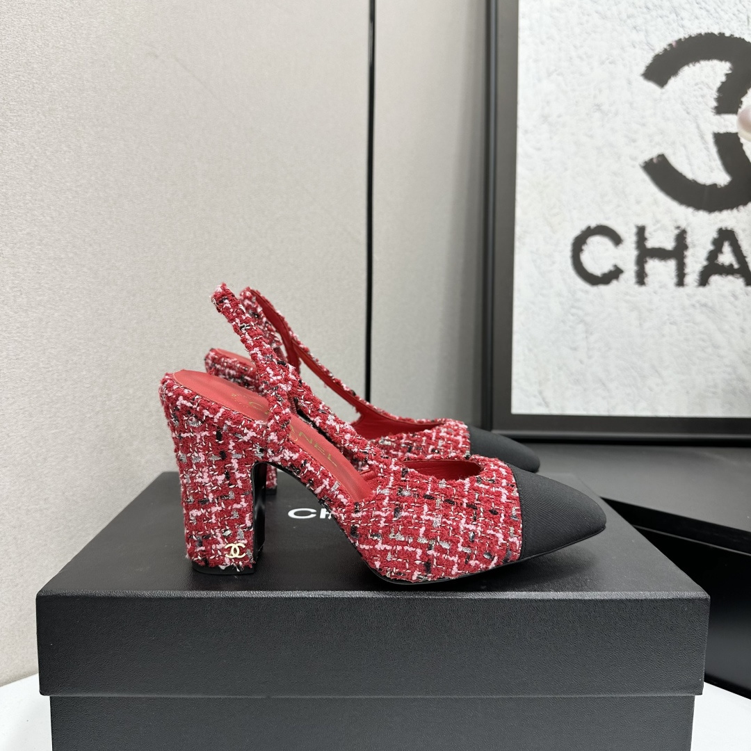 Chanel Red Tweed Slingback Pumps with Black Cap Toe