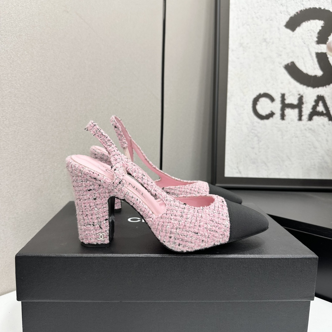 Luxury Pink Tweed Slingback Block Heel Pumps with Black Cap Toe