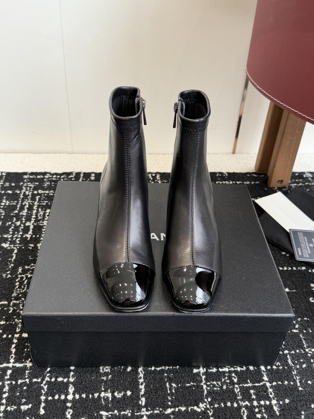 Classic Black Leather Cap-Toe Ankle Boots with Block Heel