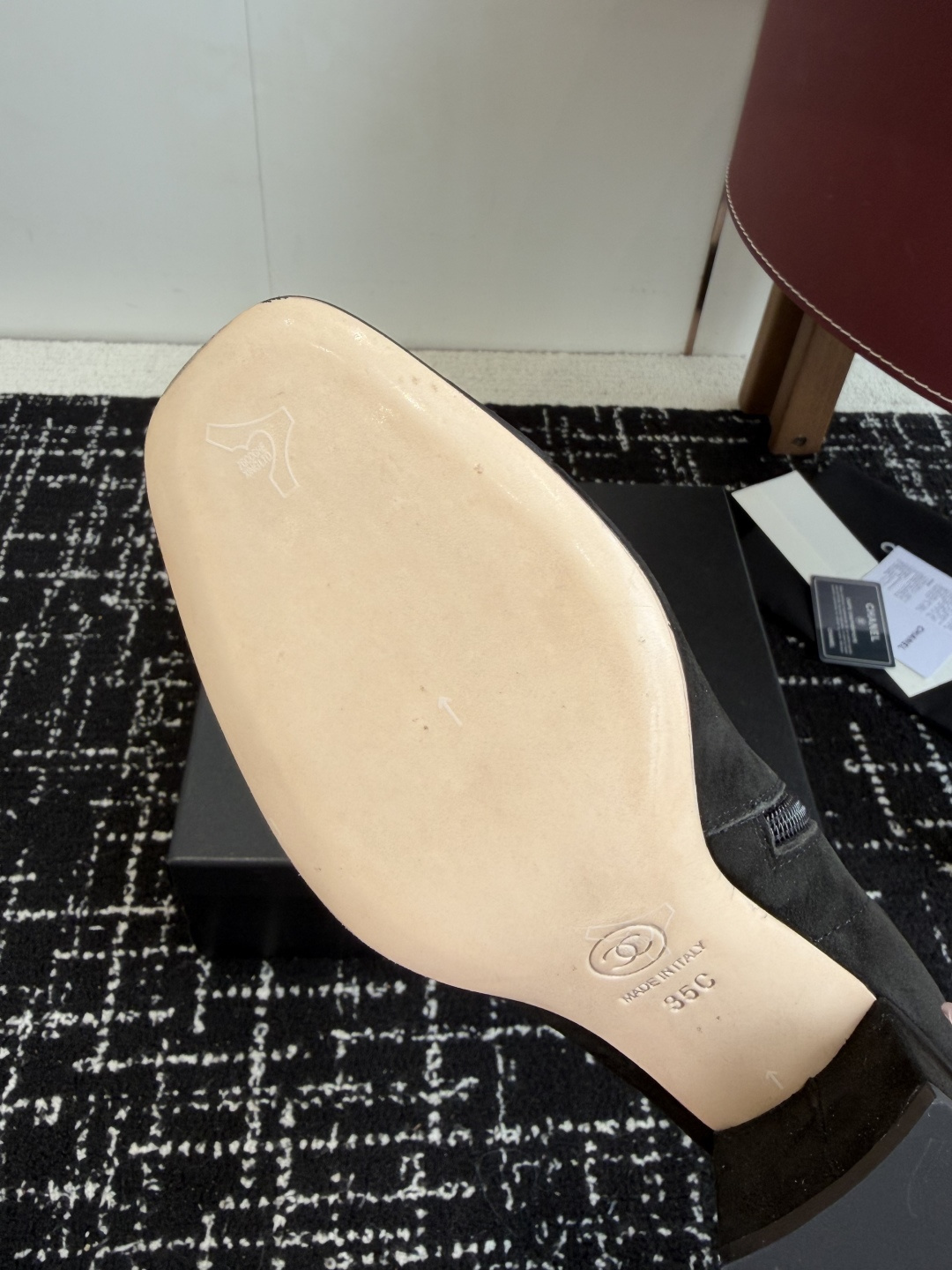 Pair of Chanel black suede ankle boots with CC logo on the block heel and grosgrain toe cap - Hình 9