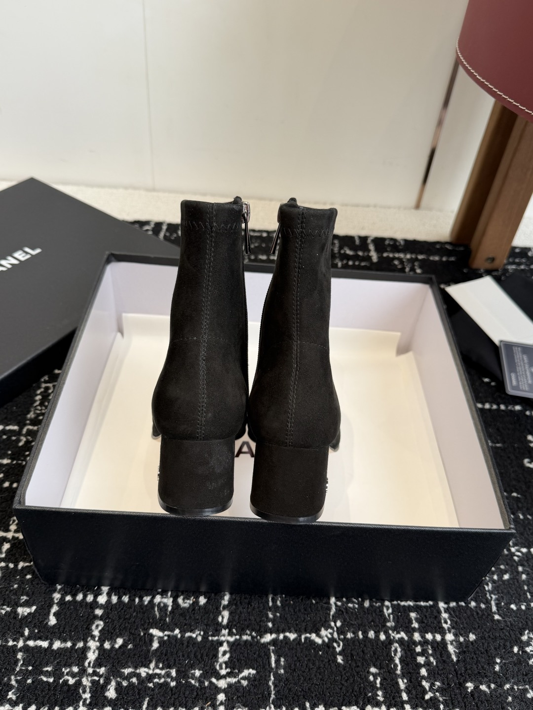 Pair of Chanel black suede ankle boots with CC logo on the block heel and grosgrain toe cap - Hình 8