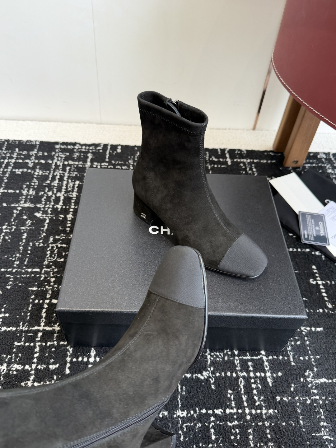 Pair of Chanel black suede ankle boots with CC logo on the block heel and grosgrain toe cap - Hình 7