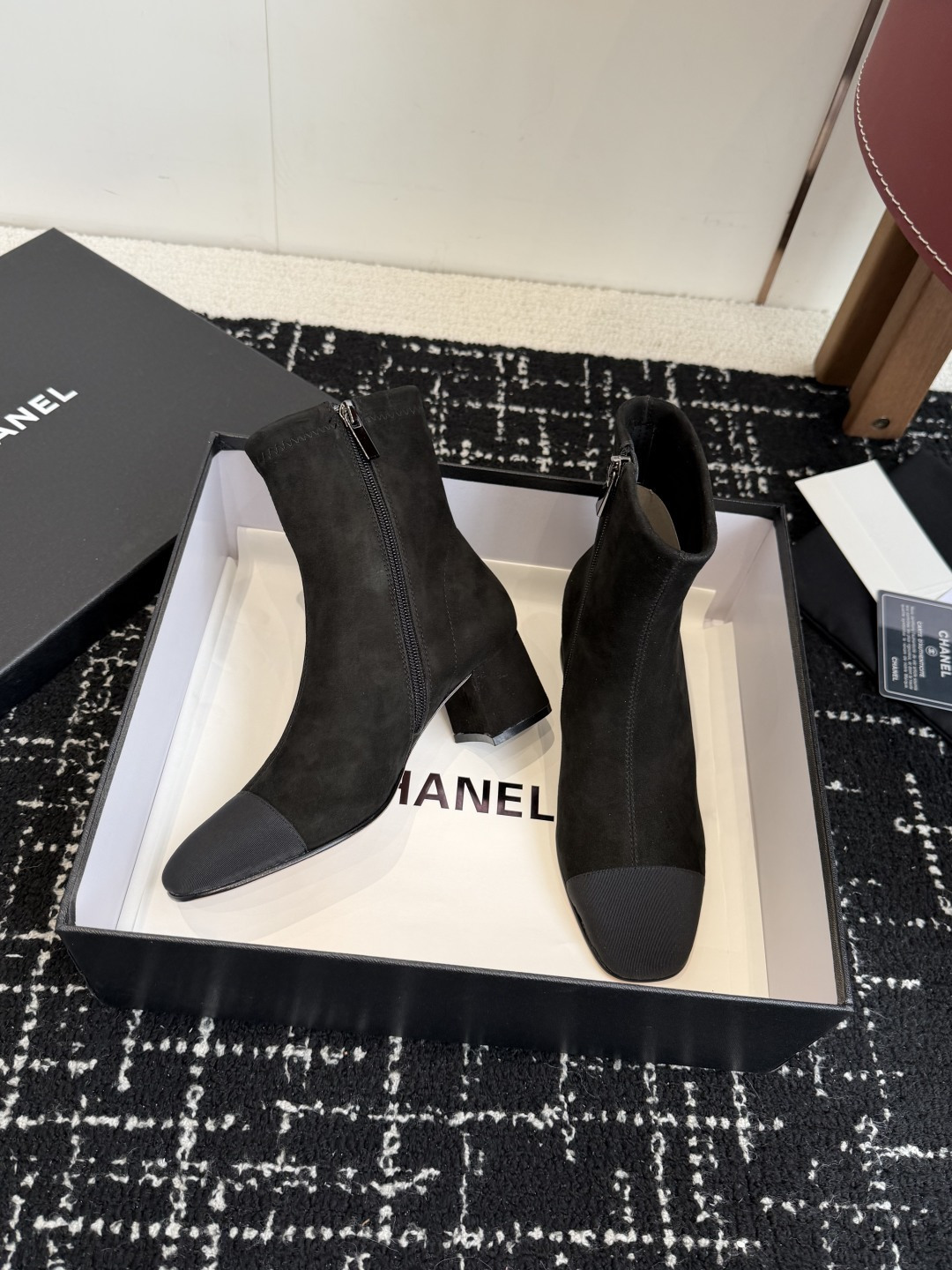 Pair of Chanel black suede ankle boots with CC logo on the block heel and grosgrain toe cap - Hình 5