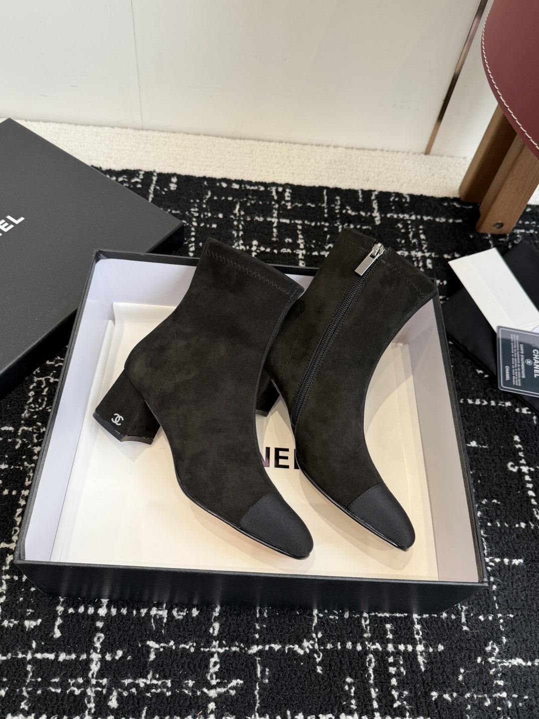 Pair of Chanel black suede ankle boots with CC logo on the block heel and grosgrain toe cap - Hình 4