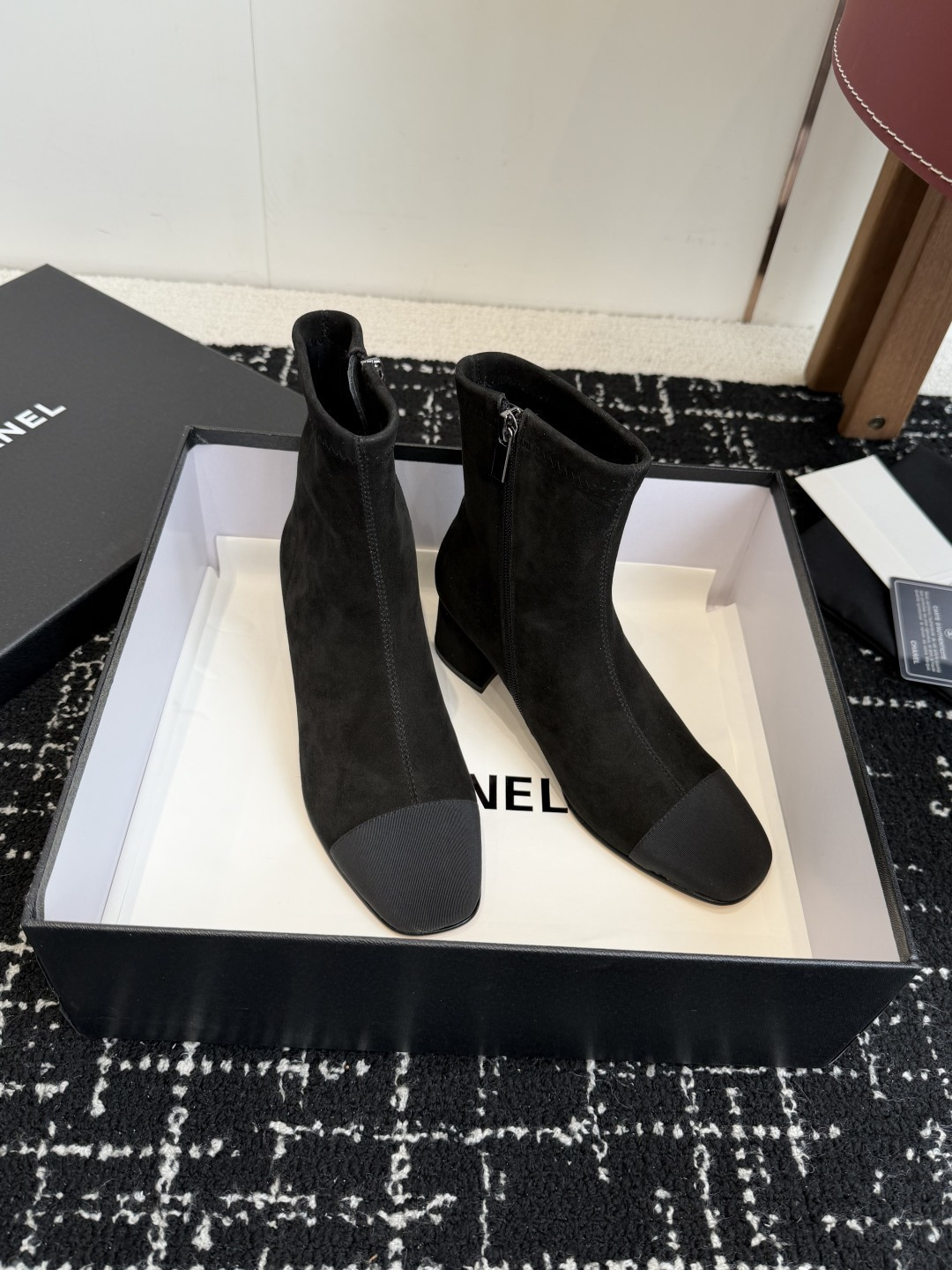 Pair of Chanel black suede ankle boots with CC logo on the block heel and grosgrain toe cap - Hình 3