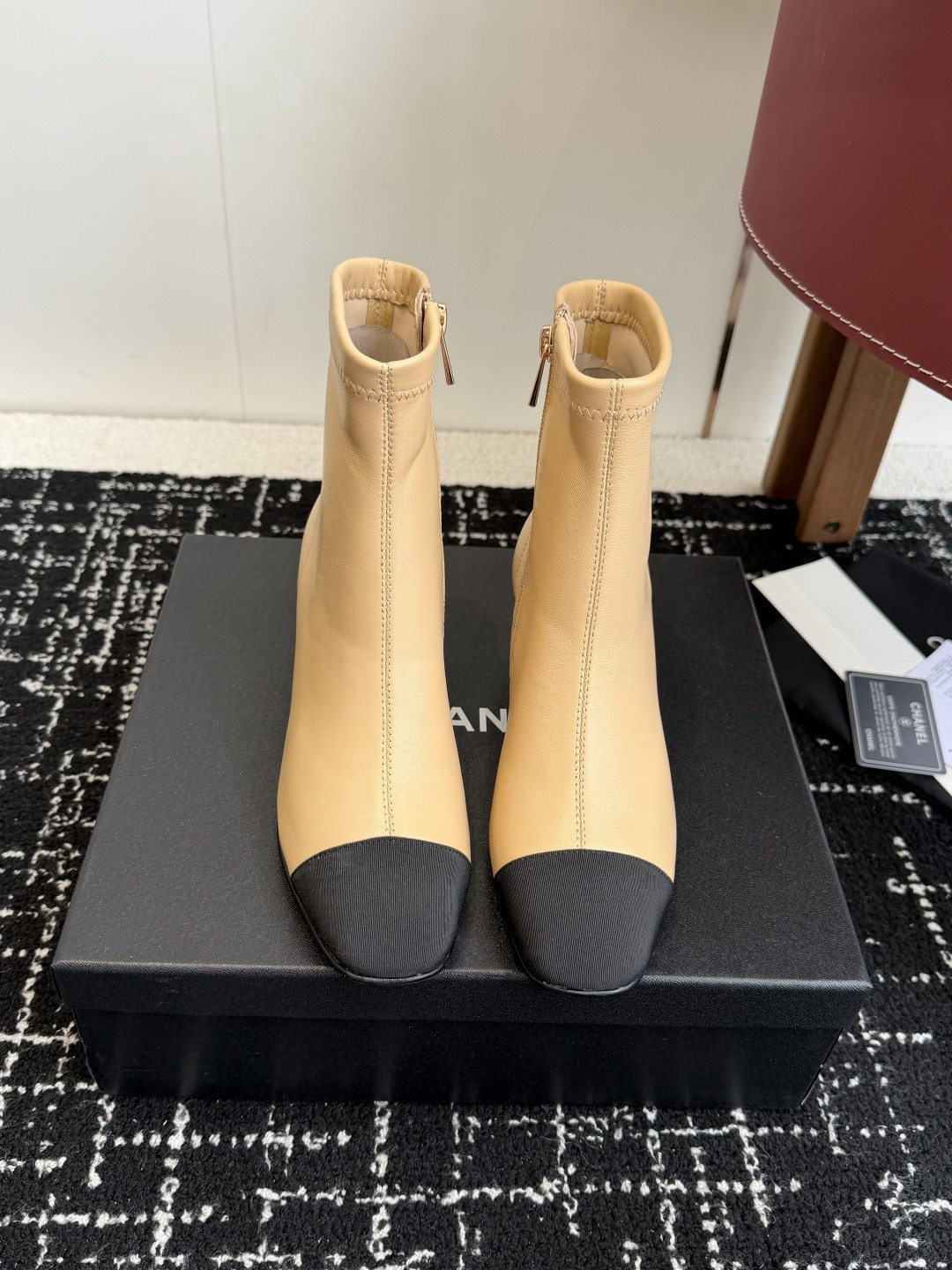 Elegant Two-Tone Beige & Black Leather Block Heel Ankle Boots