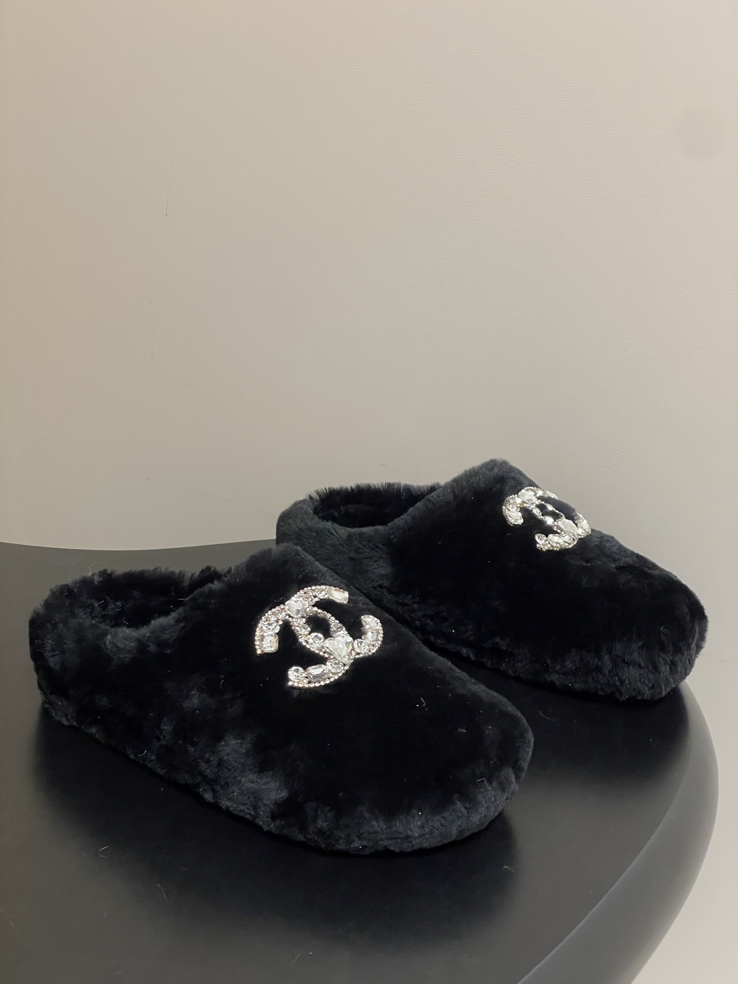 Luxury Black Faux Fur Slippers with Crystal CC Logo