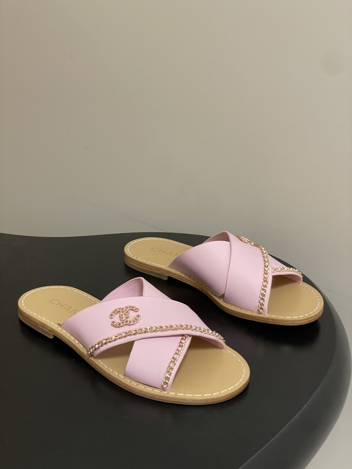 Luxury Pink Leather Cross Strap Slides with Gold Chain Detail