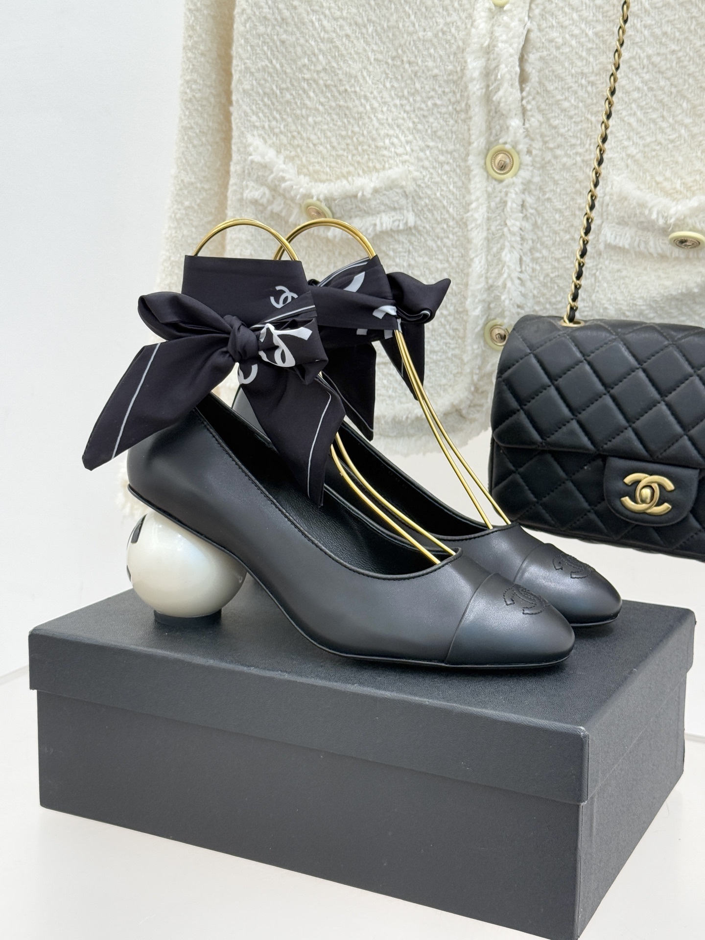 Luxury Black Leather Pumps with Pearl Heel and Silk Ribbon Ties